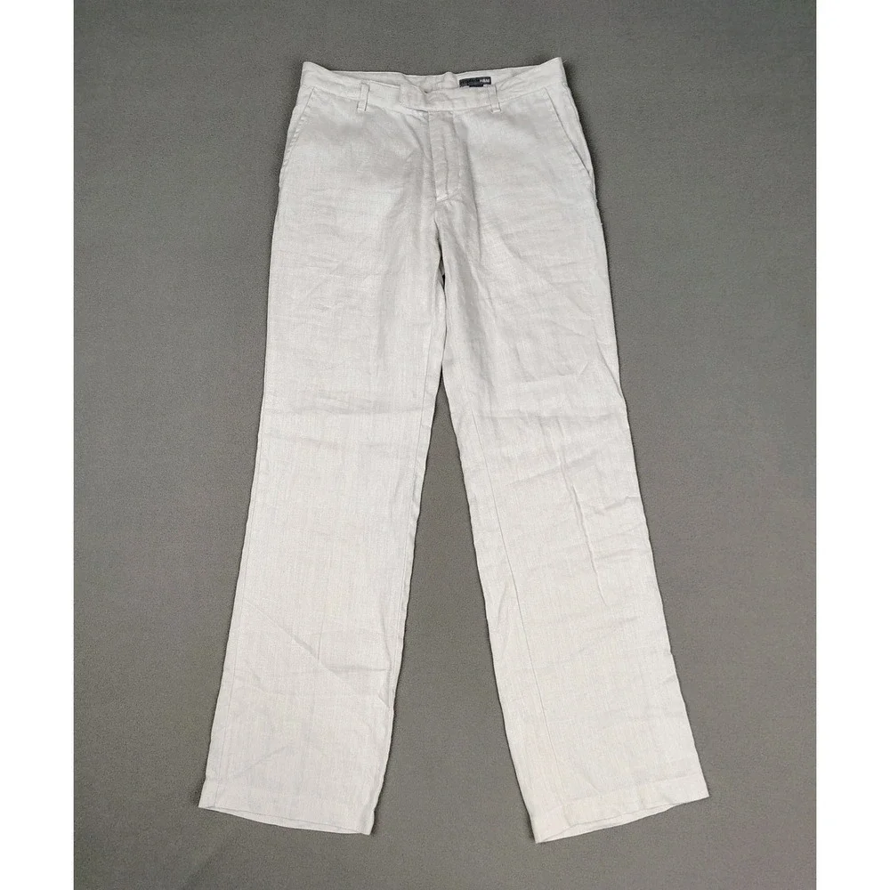 H&M 100% Linen Pants Women 8 Tall White Straight Button Casual Beach 30